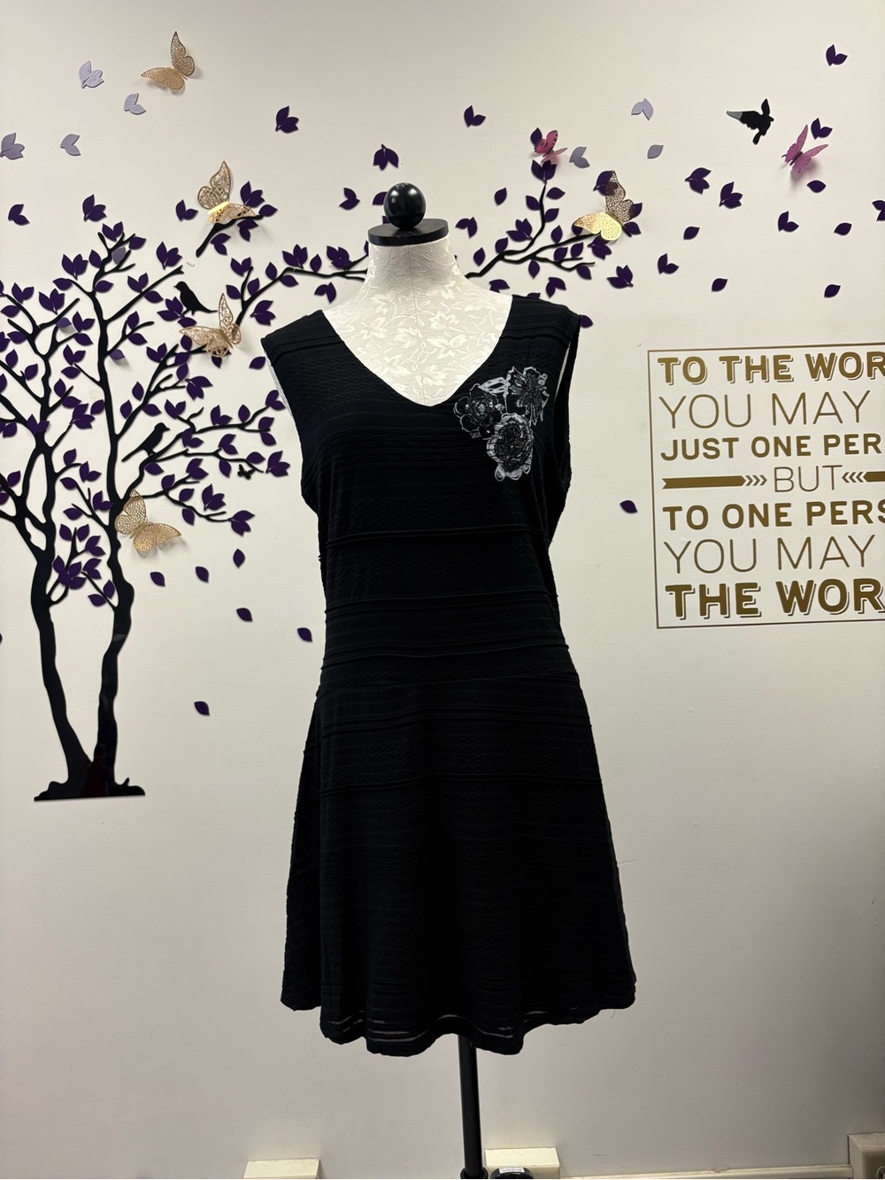 Desigual Black Sleeveless V-Neck Fit-and-Flare Dress with Floral Embellishment